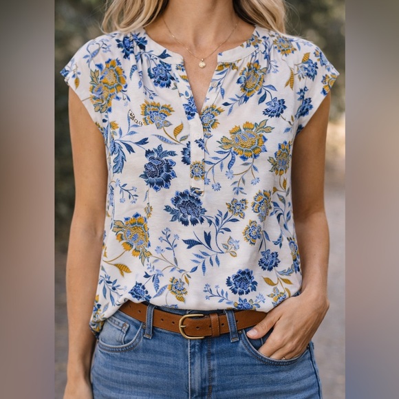 41 Hawthorn Tops - Floral Boho Blouse Petite S Blue Yellow Lightweight Work Top 41 Hawthorn